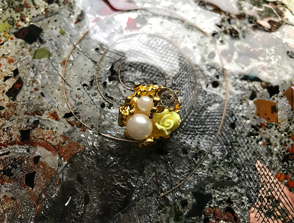 Rose/Black/Green/Yellow Roses, Crystal and Pearls - Handmade Italian Buttons -  26 mm across.