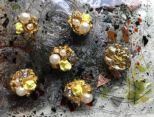 Rose/Black/Green/Yellow Roses, Crystal and Pearls - Handmade Italian Buttons -  26 mm across.