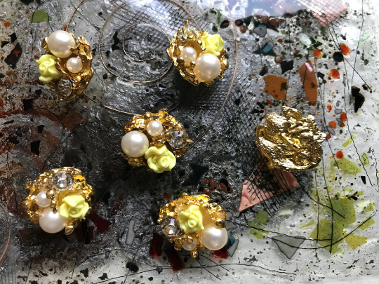 Rose, Crystal and Pearls - Handmade Buttons -  26 mm across.