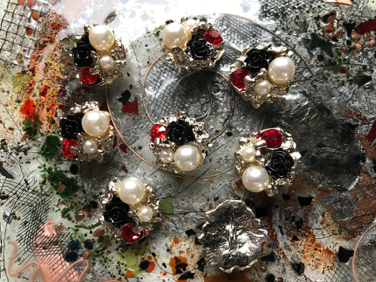 Rose, Crystal and Pearls - Handmade Buttons -  26 mm across.