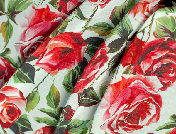 Shades of Red/Green Floral Print on White Background - Italian Georgette Mulberry Silk - 116 cm Wide.