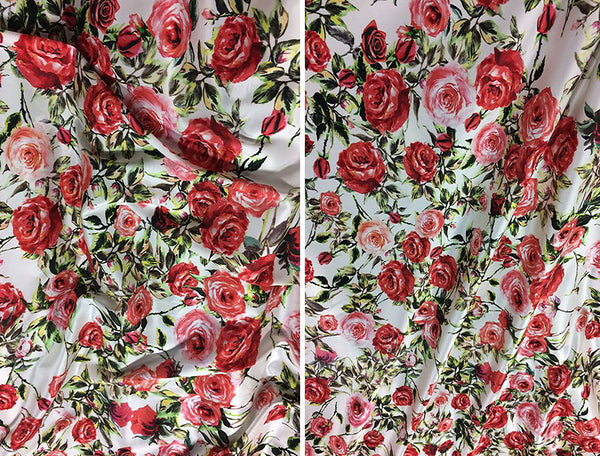 Shades of Red/Green Floral Print on White Background - Italian Georgette Mulberry Silk - 116 cm Wide.