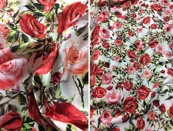 Shades of Red/Green Floral Print on White Background - Italian Georgette Mulberry Silk - 116 cm Wide.