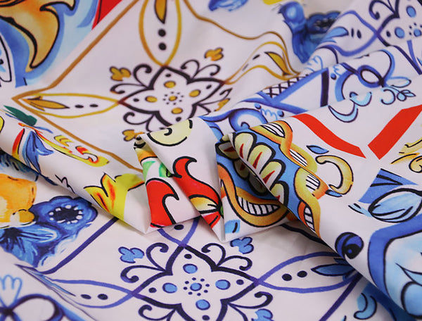 Multi Color Floral Medallions  Floral Print on White Background - Italian Cotton Poplin -148 cm Wide.