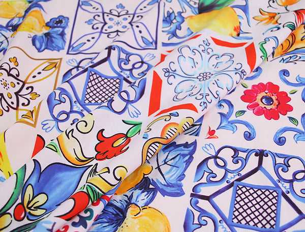 Multi Color Floral Medallions  Floral Print on White Background - Italian Cotton Poplin -148 cm Wide.