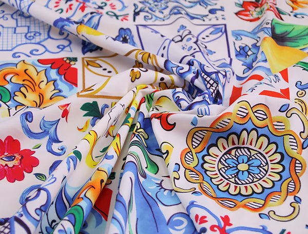 Multi Color Floral Medallions  Floral Print on White Background - Italian Cotton Poplin -148 cm Wide.