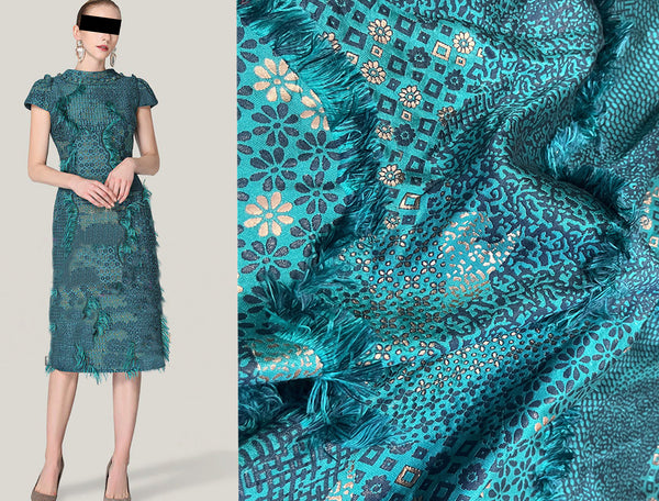 Shades of Turquoise/Blue/Gold with Fringe - Italian Jacquard Fabric - 145 cm Wide