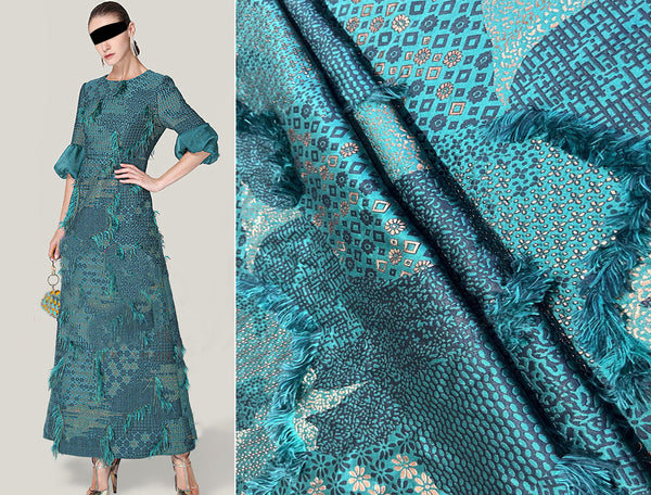 Shades of Turquoise/Blue/Gold with Fringe - Italian Jacquard Fabric - 145 cm Wide