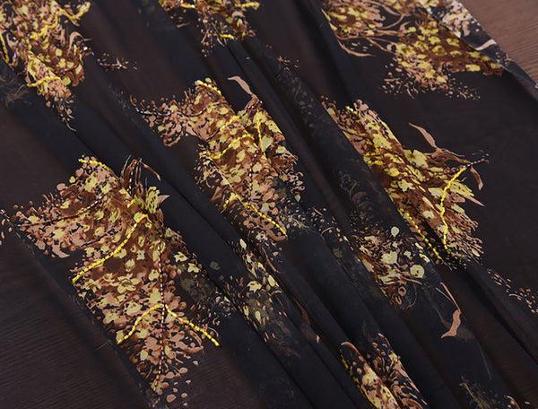 Multi Color Floral Embroidered w/Glass Beads on Black Background  - Italian 100%  Mulberry Silk Chiffon - 9 MM.