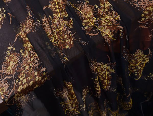 Multi Color Floral Embroidered w/Glass Beads on Black Background  - Italian 100%  Mulberry Silk Chiffon - 9 MM.