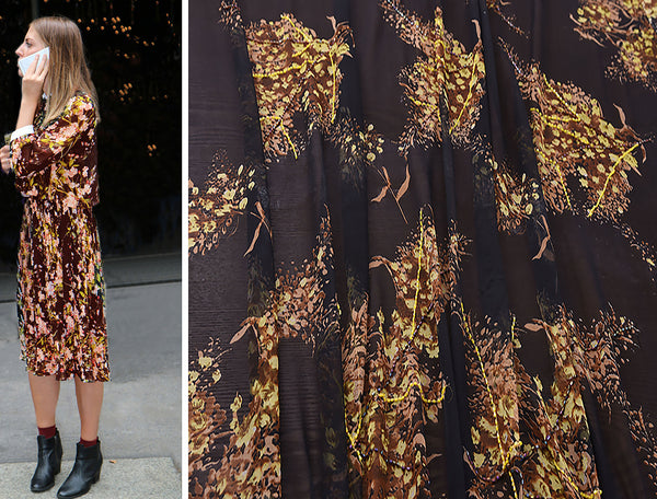 Multi Color Floral Embroidered w/Glass Beads on Black Background  - Italian 100%  Mulberry Silk Chiffon - 9 MM.