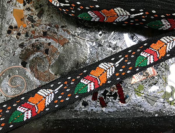 Multi Color Feathers on Black  Background - Jacquard Ribbon - 2.5 cm Wide.