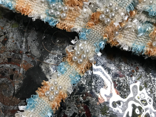 Shades of Gold/Blue/Off White  Gold Stitching and Pearls Studs and Pearls -  French Trim - 3 cm Wide.