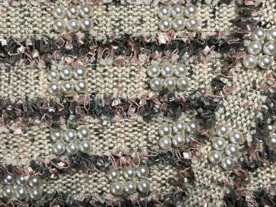Shades of Pink/Grey/Off White  Gold Stitching and Pearls Studs and Pearls -  French Trim - 3 cm Wide.