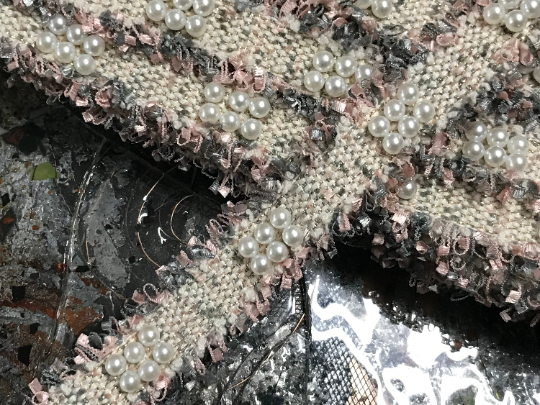 Shades of Pink/Grey/Off White  Gold Stitching and Pearls Studs and Pearls -  French Trim - 3 cm Wide.