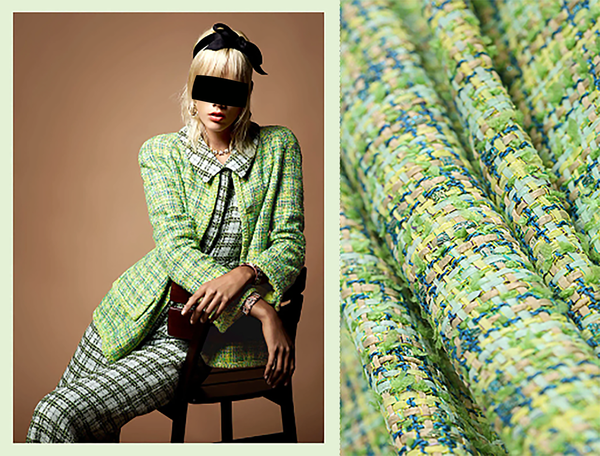 Green, Pale Yellow Blue Tan Colors -  French Tweed - 150 cm Wide.