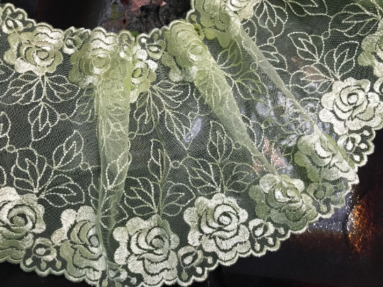 Double Edge Silky and Shiny - Light Green Soft Tulle Embroidered Lace - 18 cm Wide.