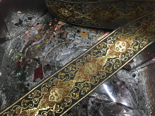 Beige Brawn and Gold on Black Background - Embroidered Jacquard Ribbon - 1 7/8"  Wide.