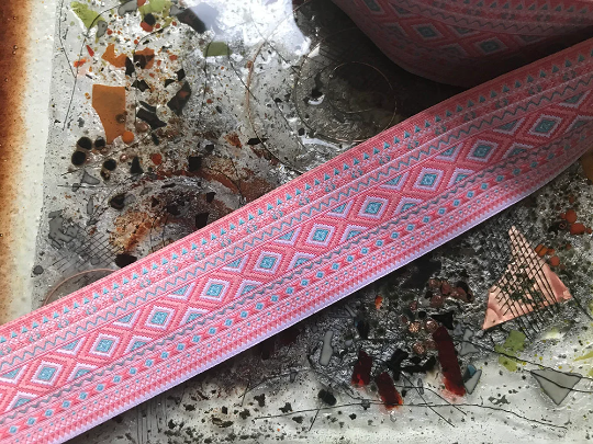 Pink Turquoise  and White - Embroidered Jacquard Ribbon - 1.5"  Wide.