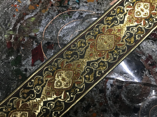 Beige Brawn and Gold on Black Background - Embroidered Jacquard Ribbon - 1 7/8"  Wide.