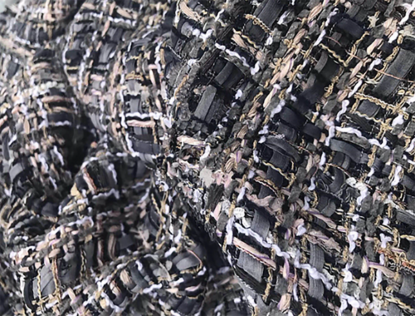 Shades of Charcoal Grey Tan and White w/Ribbons - French Tweed - 150 cm Wide.