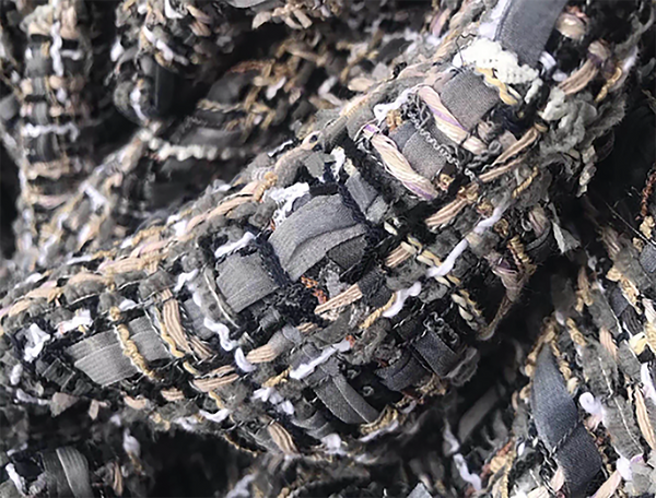 Shades of Charcoal Grey Tan and White w/Ribbons - French Tweed - 150 cm Wide.