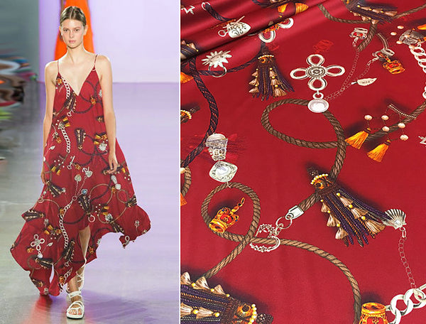 Multi Color Print on Red Background - Italian Stretch Silk Satin - 136 cm Wide.