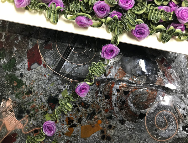 Purple  Roses on Green - French Trim - 10 mm Wide.