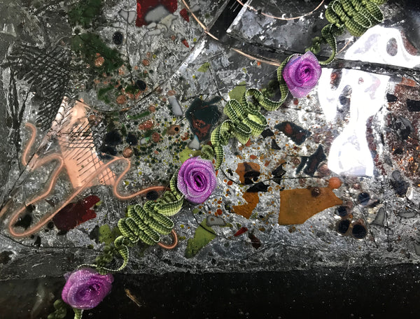 Purple  Roses on Green - French Trim - 10 mm Wide.