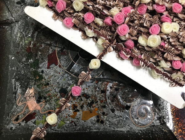 Pink and Ivory Rosettes on Hombre Brown - Rococo French Ribbon - 14 mm Wide.