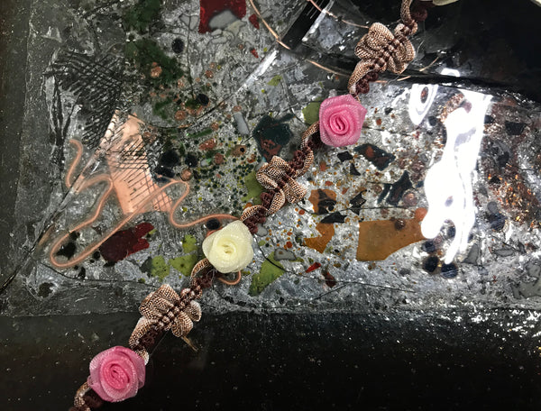 Pink and Ivory Rosettes on Hombre Brown - Rococo French Ribbon - 14 mm Wide.