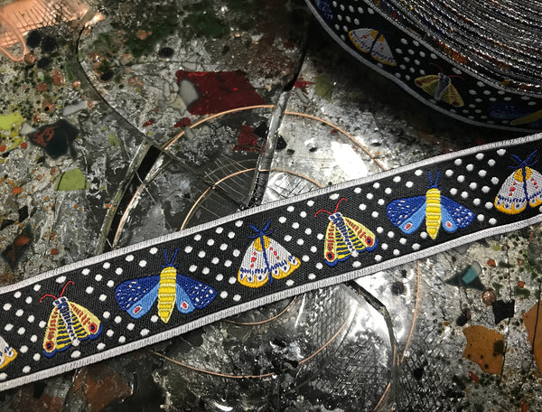 Multi Color Butterflies on  Black/White Polka Dot Background  - Embroidered Jacquard Ribbon - 7/8" Wide.