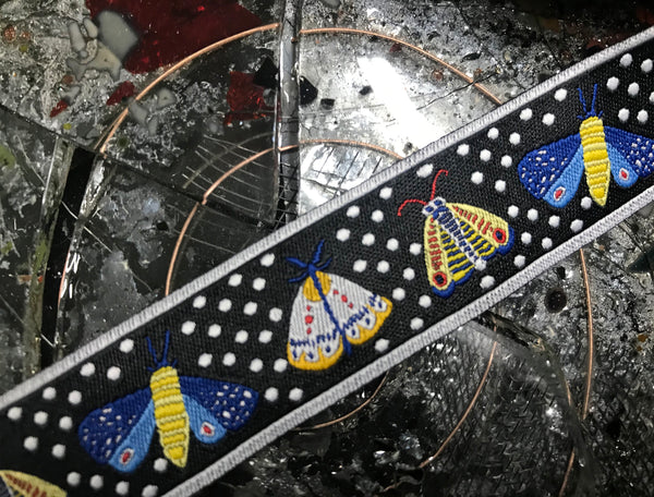 Multi Color Butterflies on  Black/White Polka Dot Background  - Embroidered Jacquard Ribbon - 7/8" Wide.