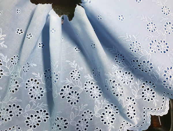 Light Blue Broderie Anglaise Lace -  Swiss Cotton Voile - 25 cm Wide.