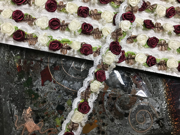 Burgundy and Ivory Roses w/Pearls Accent over White Lace - Hand Made Trim - 1" Wide Wide In Pink   Color,  Imported.
