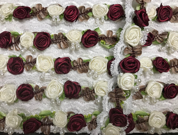 Burgundy and Ivory Roses w/Pearls Accent over White Lace - Hand Made Trim - 1" Wide Wide In Pink   Color,  Imported.