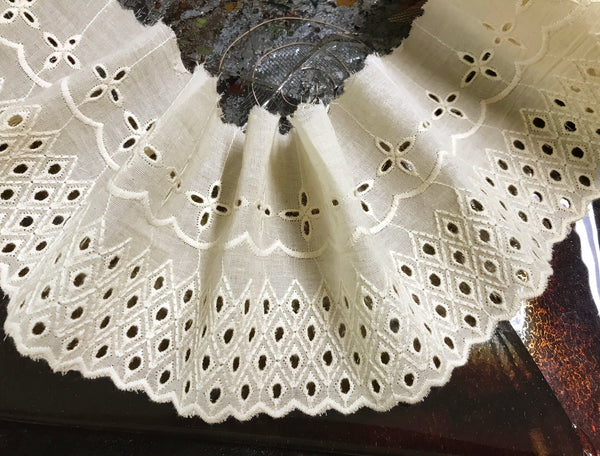 Beige Embroidery on Beige Background - Broderie Anglaise Lace  on Cotton Voile - 11 cm Wide