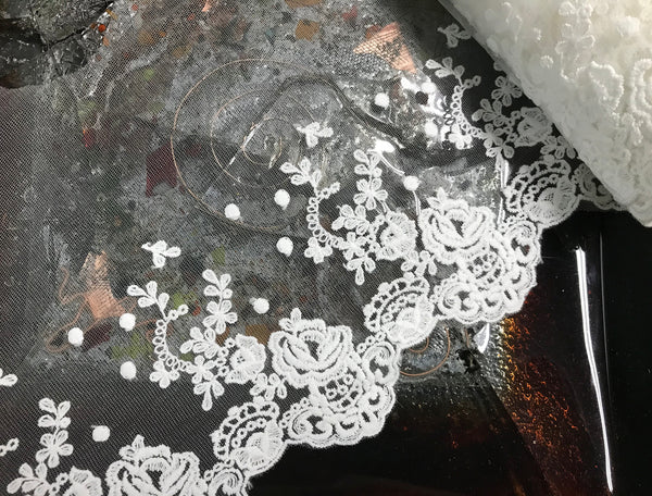 Natural White Cotton Embroidery on Natural  White Tulle Background - Italian Lace - 20 cm Wide.