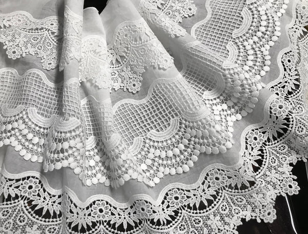 White 3 Tears Broderie Anglaise on Swiss Voile - 34 cm Wide.