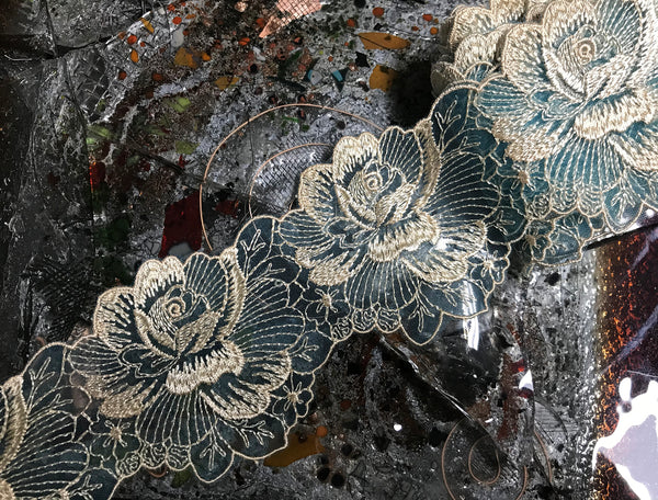 Beige Shiny Embroidery on Blue Background - Double Edge Italian Lace - 7 cm Wide.