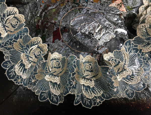 Beige Shiny Embroidery on Blue Background - Double Edge Italian Lace - 7 cm Wide.