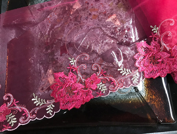 Shades of Rose/ Beige/White with Silver Stitching Embroidery on Rose Thin Tulle Background - Italian Lace - 22 cm Wide.