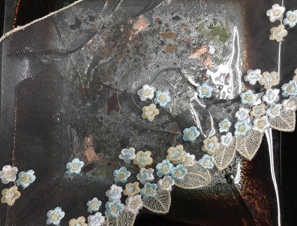 Blue/Beige/White and Gold Stitching Embroidery - Italian Lace - 24 cm Wide.