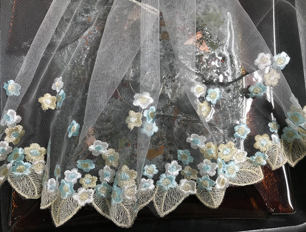 Blue/Beige/White and Gold Stitching Embroidery - Italian Lace - 24 cm Wide.