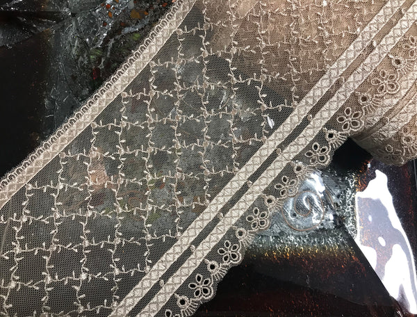 Gold or Beige Embroidery on  Soft Tulle Background - Italian Lace - 13.5 cm Wide.