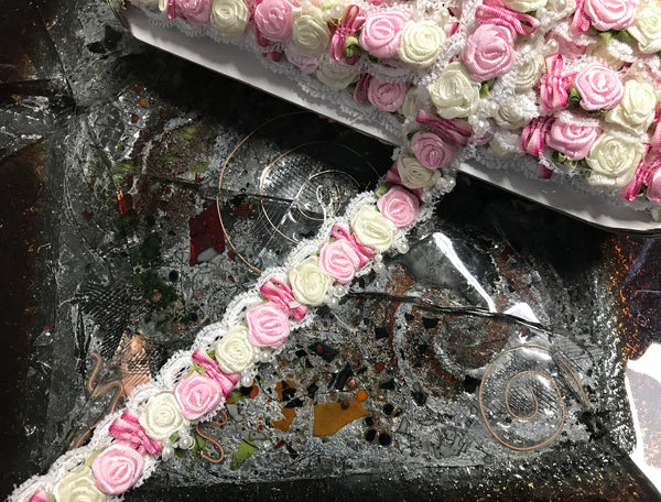 Pink and Ivory Roses w/Pearls Accent over White Lace - Hand Made Trim - 1" Wide Wide In Pink   Color,  Imported.