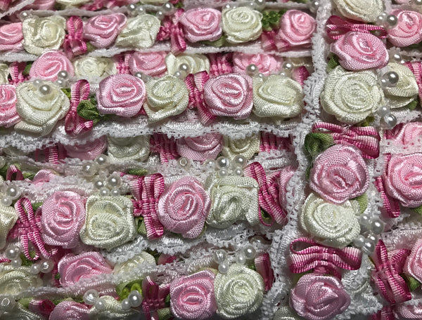 Pink and Ivory Roses w/Pearls Accent over White Lace - Hand Made Trim - 1" Wide Wide In Pink   Color,  Imported.