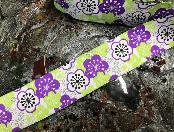 Purple/White/Black Floral on Green Background - Embroidered Jacquard Ribbon - 1.5" Wide.