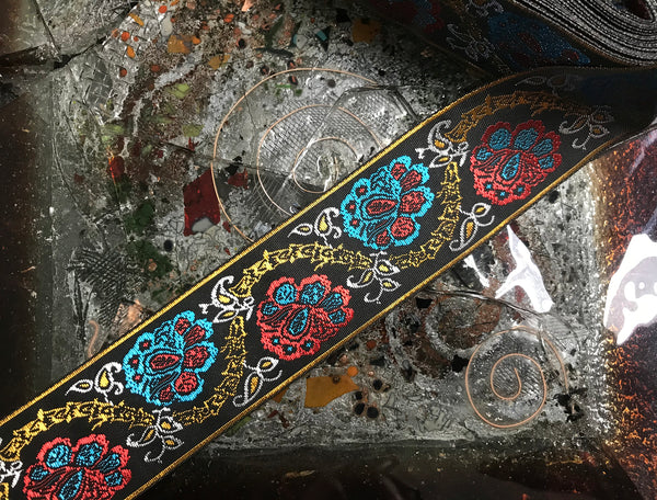 Red/Turquoise/White/Gold  on  Black Background - Embroidered Jacquard Ribbon - 5 cm Wide.