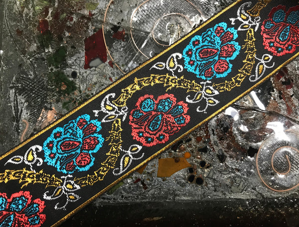 Red/Turquoise/White/Gold  on  Black Background - Embroidered Jacquard Ribbon - 5 cm Wide.